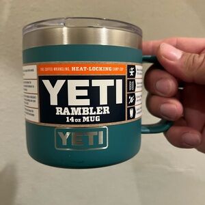 Yeti Rambler 14 oz Mug, NEW. River Green.  HTF.  Tiny dent on bottom.